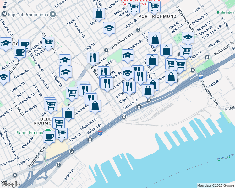 map of restaurants, bars, coffee shops, grocery stores, and more near 2820 East Thompson Street in Philadelphia