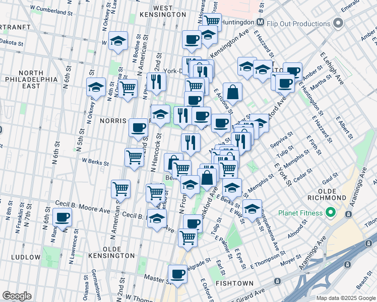 map of restaurants, bars, coffee shops, grocery stores, and more near 2004 North Front Street in Philadelphia