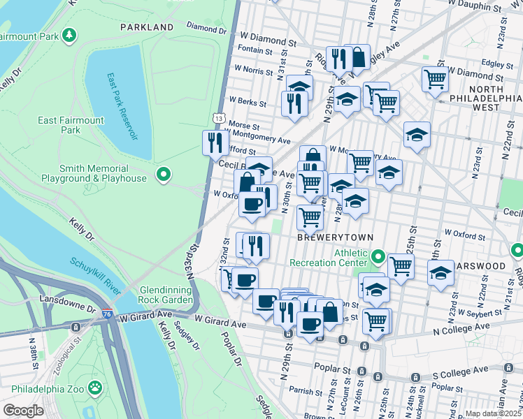map of restaurants, bars, coffee shops, grocery stores, and more near 3049 Redner Street in Philadelphia