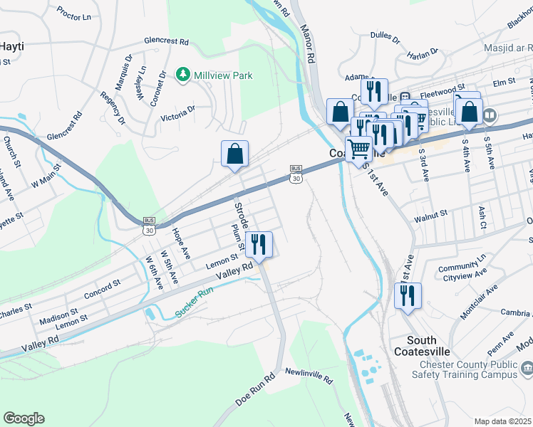 map of restaurants, bars, coffee shops, grocery stores, and more near 218 Charles Street in Coatesville