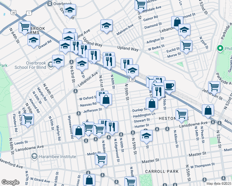 map of restaurants, bars, coffee shops, grocery stores, and more near 1901 North 60th Street in Philadelphia