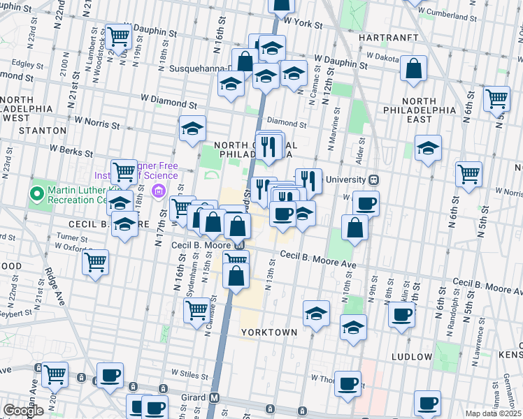 map of restaurants, bars, coffee shops, grocery stores, and more near 1810 Liacouras Walk in Philadelphia