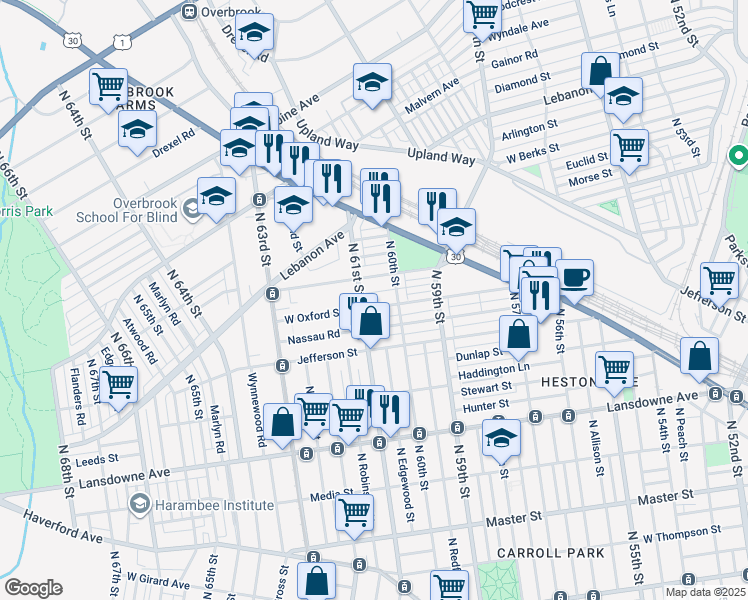 map of restaurants, bars, coffee shops, grocery stores, and more near 6033 West Oxford Street in Philadelphia