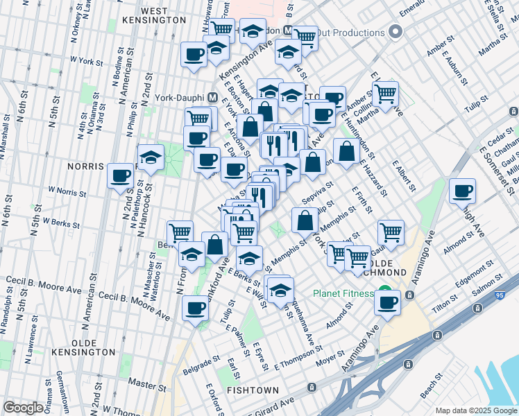 map of restaurants, bars, coffee shops, grocery stores, and more near 2134 East Dauphin Street in Philadelphia