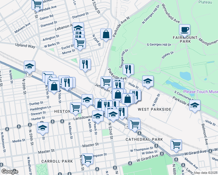 map of restaurants, bars, coffee shops, grocery stores, and more near 1711 North Lindenwood Street in Philadelphia