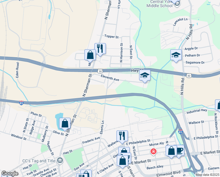 map of restaurants, bars, coffee shops, grocery stores, and more near 1101 Eberts Lane in York