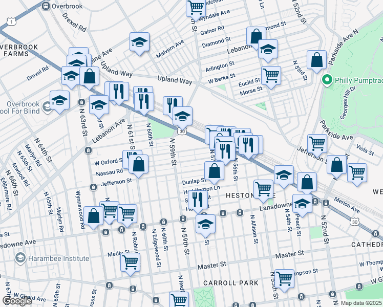 map of restaurants, bars, coffee shops, grocery stores, and more near 5756 West Oxford Street in Philadelphia