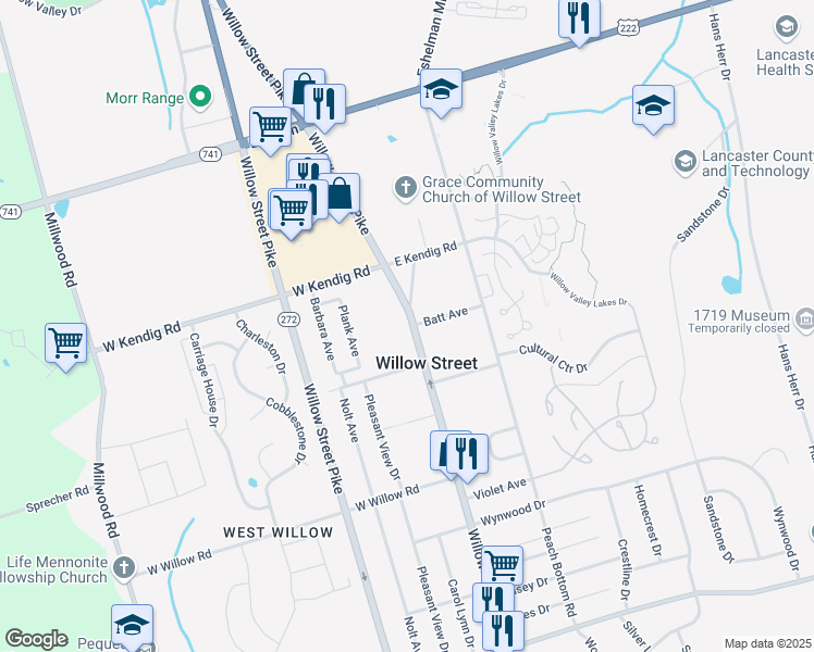 map of restaurants, bars, coffee shops, grocery stores, and more near 2711 Willow Street Pike in Willow Street