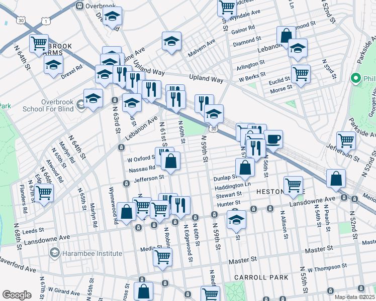 map of restaurants, bars, coffee shops, grocery stores, and more near 1901 North 60th Street in Philadelphia