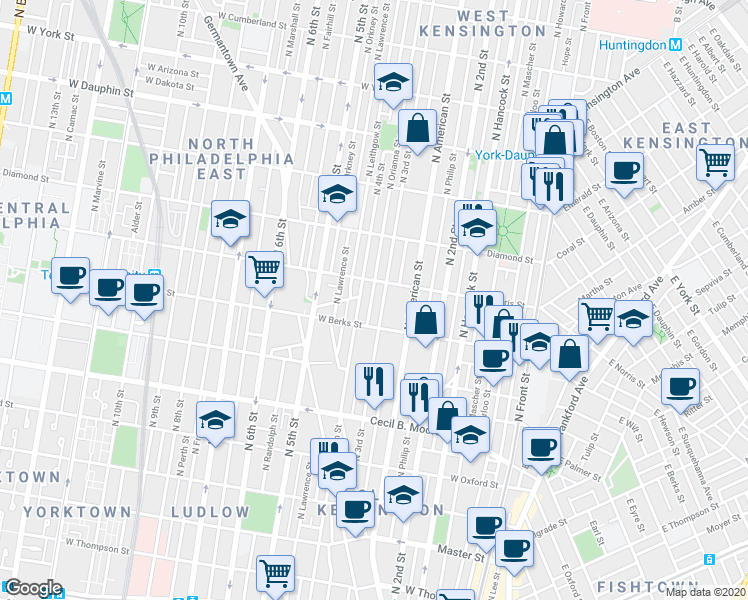 map of restaurants, bars, coffee shops, grocery stores, and more near 1943 North Orianna Street in Philadelphia