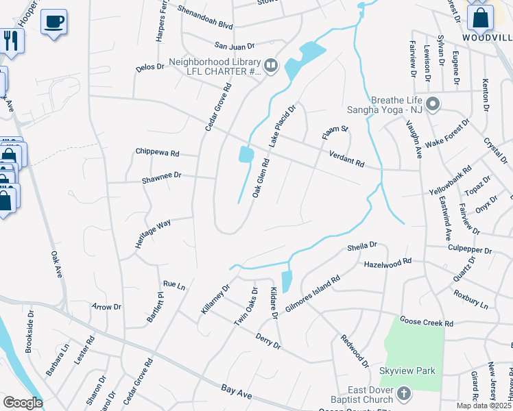 map of restaurants, bars, coffee shops, grocery stores, and more near 113 Oak Glen Road in Toms River