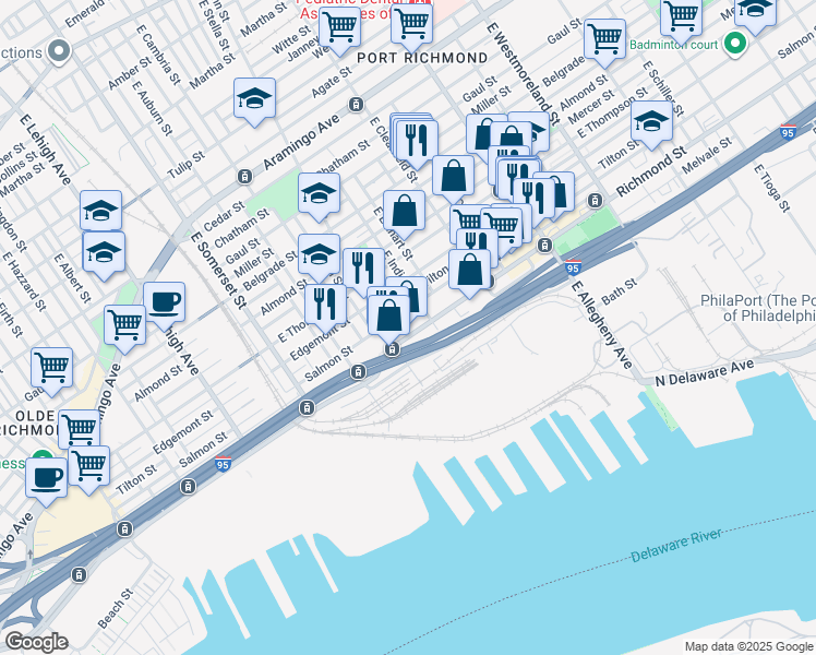 map of restaurants, bars, coffee shops, grocery stores, and more near 2728 East Indiana Avenue in Philadelphia