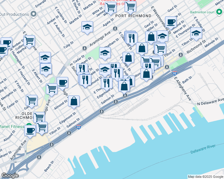 map of restaurants, bars, coffee shops, grocery stores, and more near 2639 East Monmouth Street in Philadelphia