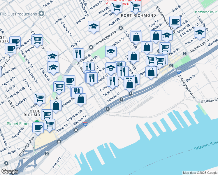 map of restaurants, bars, coffee shops, grocery stores, and more near 2848R East Thompson Street in Philadelphia