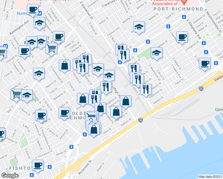 map of restaurants, bars, coffee shops, grocery stores, and more near 2444 East Lehigh Avenue in Philadelphia