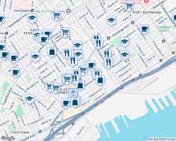 map of restaurants, bars, coffee shops, grocery stores, and more near 2444 East Lehigh Avenue in Philadelphia