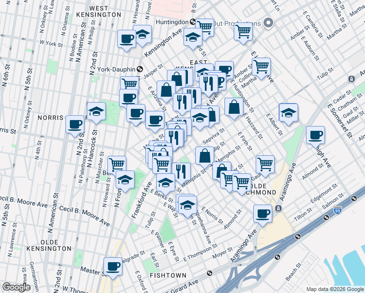 map of restaurants, bars, coffee shops, grocery stores, and more near in Philadelphia