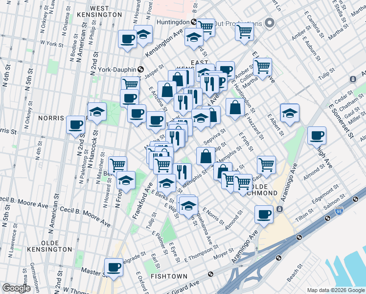 map of restaurants, bars, coffee shops, grocery stores, and more near in Philadelphia