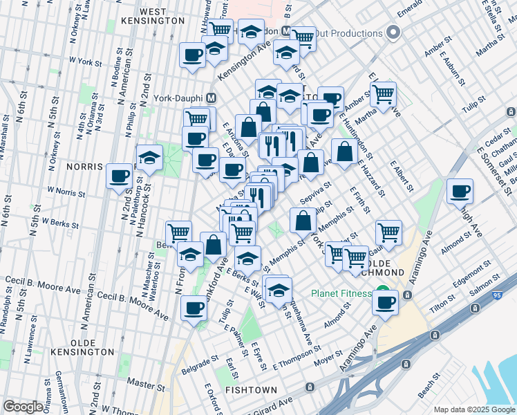 map of restaurants, bars, coffee shops, grocery stores, and more near 2134 East Dauphin Street in Philadelphia