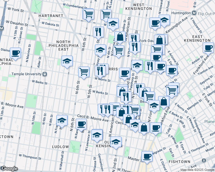 map of restaurants, bars, coffee shops, grocery stores, and more near 1943 North Orianna Street in Philadelphia