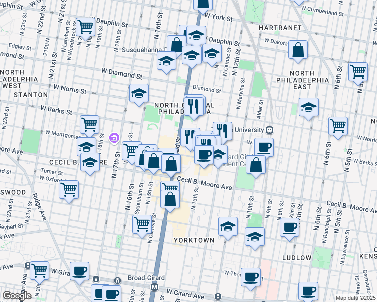 map of restaurants, bars, coffee shops, grocery stores, and more near 1855 North Park Avenue in Philadelphia