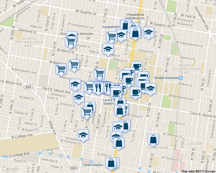 map of restaurants, bars, coffee shops, grocery stores, and more near 1813 North 16th Street in Philadelphia