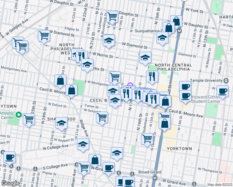 map of restaurants, bars, coffee shops, grocery stores, and more near 1830 West Montgomery Avenue in Philadelphia