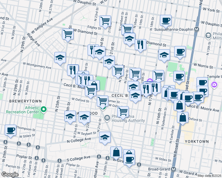map of restaurants, bars, coffee shops, grocery stores, and more near 1714 North Woodstock Street in Philadelphia