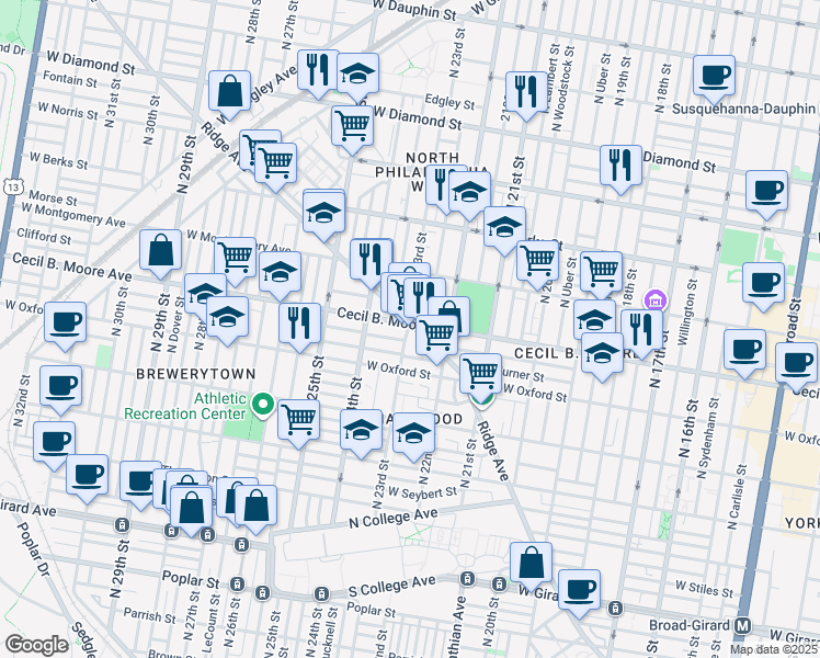 map of restaurants, bars, coffee shops, grocery stores, and more near 2301 Ridge Avenue in Philadelphia