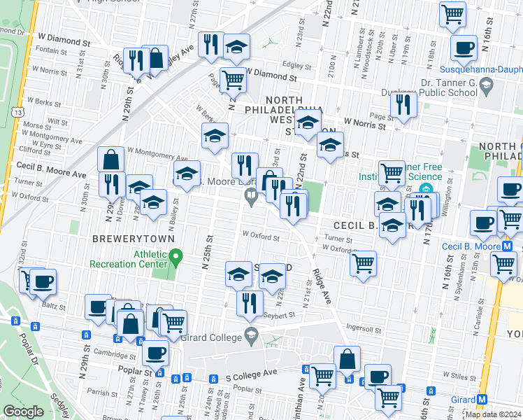 map of restaurants, bars, coffee shops, grocery stores, and more near 2301 Ridge Avenue in Philadelphia