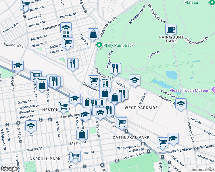 map of restaurants, bars, coffee shops, grocery stores, and more near 5218 Parkside Avenue in Philadelphia