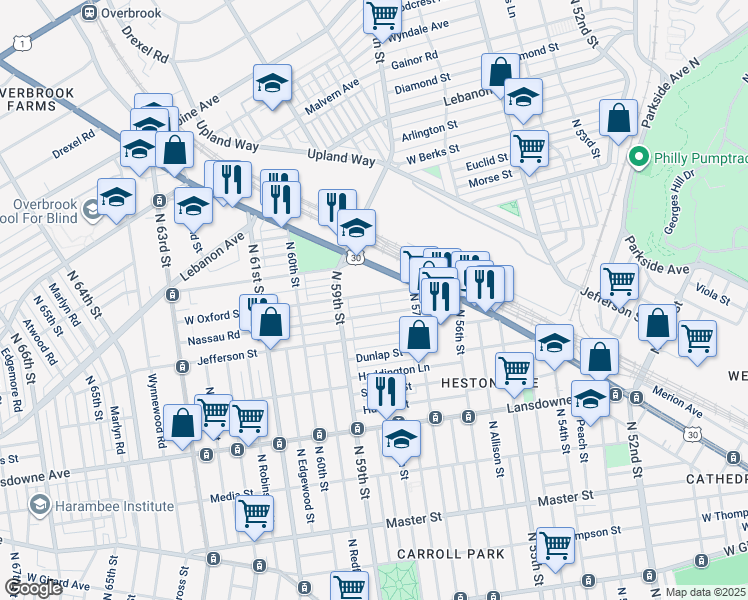 map of restaurants, bars, coffee shops, grocery stores, and more near 5756 West Oxford Street in Philadelphia