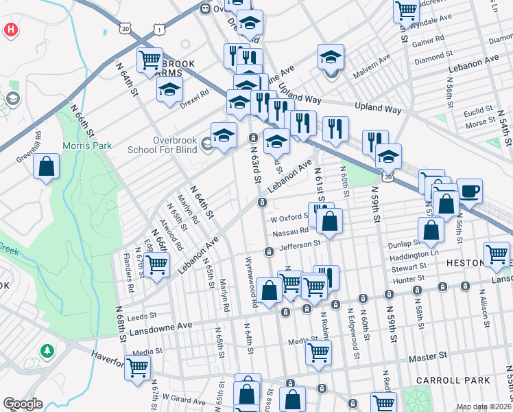 map of restaurants, bars, coffee shops, grocery stores, and more near 1819 Wynnewood Road in Philadelphia