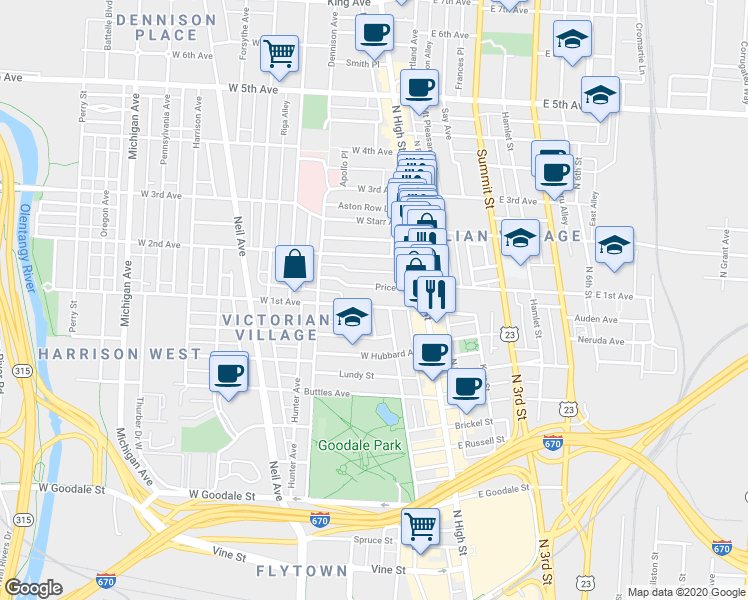 map of restaurants, bars, coffee shops, grocery stores, and more near 98 Price Avenue in Columbus