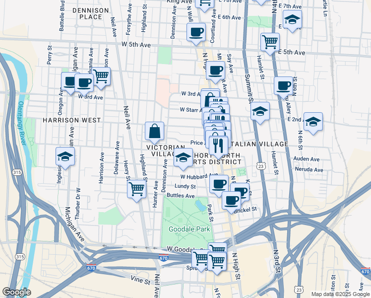 map of restaurants, bars, coffee shops, grocery stores, and more near 98 Price Avenue in Columbus