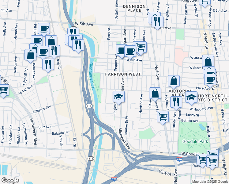 map of restaurants, bars, coffee shops, grocery stores, and more near 983 Michigan Avenue in Columbus
