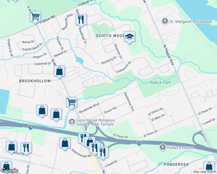 map of restaurants, bars, coffee shops, grocery stores, and more near 3406 Wilson Woods Drive in Columbus
