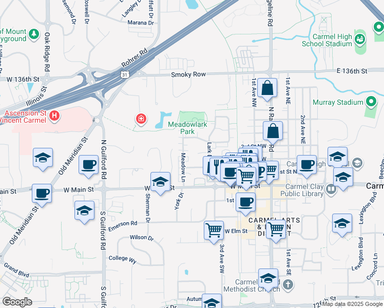 map of restaurants, bars, coffee shops, grocery stores, and more near 427 Parkview Place in Carmel