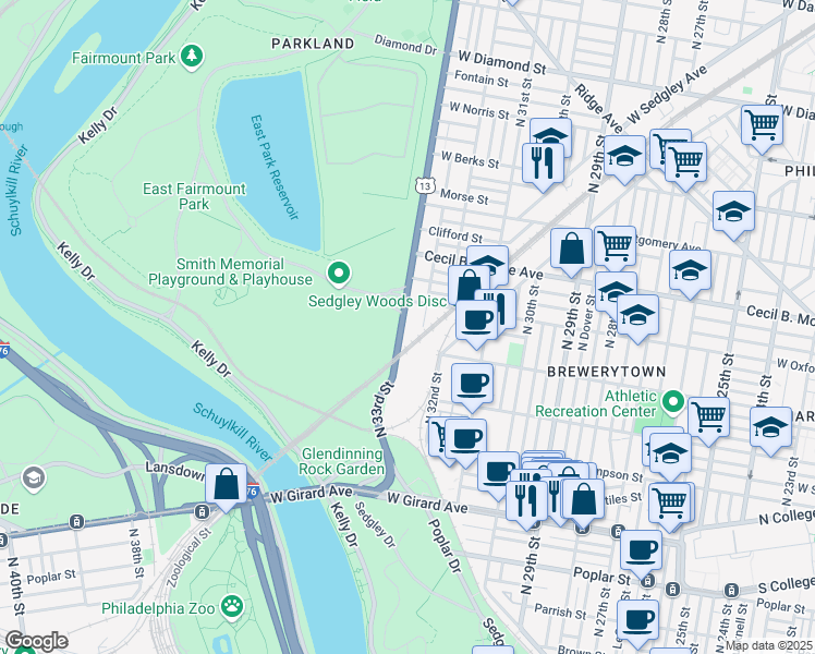 map of restaurants, bars, coffee shops, grocery stores, and more near in Philadelphia