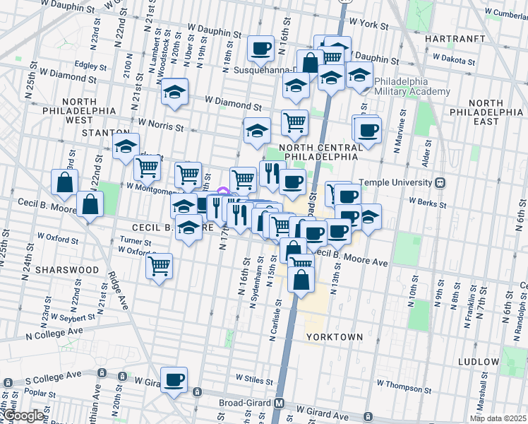 map of restaurants, bars, coffee shops, grocery stores, and more near 1813 North 16th Street in Philadelphia