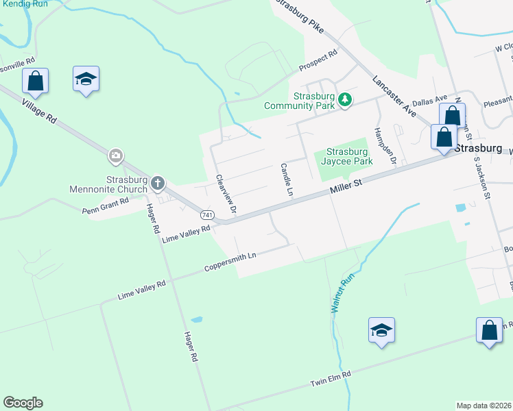 map of restaurants, bars, coffee shops, grocery stores, and more near 321 Sunset Avenue in Strasburg