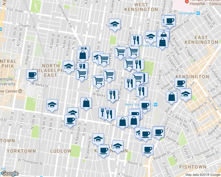 map of restaurants, bars, coffee shops, grocery stores, and more near 1942 North 3rd Street in Philadelphia