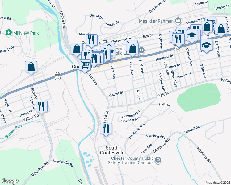 map of restaurants, bars, coffee shops, grocery stores, and more near 120 South 3rd Avenue in Coatesville