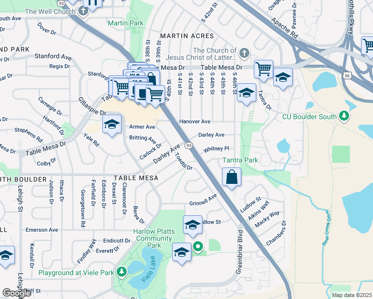 map of restaurants, bars, coffee shops, grocery stores, and more near 825 South Broadway in Boulder