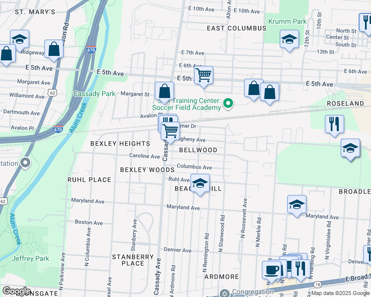 map of restaurants, bars, coffee shops, grocery stores, and more near 2703 Allegheny Avenue in Columbus