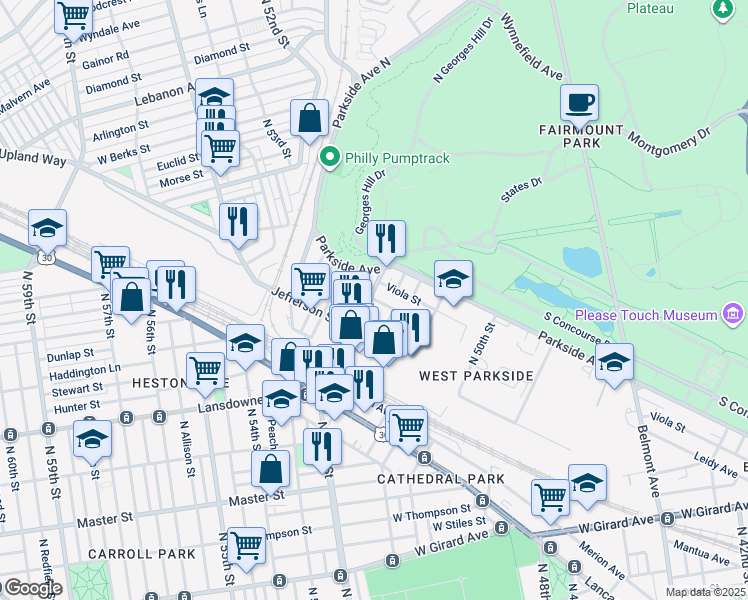 map of restaurants, bars, coffee shops, grocery stores, and more near 1701 North 52nd Street in Philadelphia