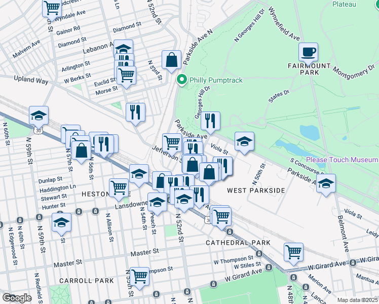 map of restaurants, bars, coffee shops, grocery stores, and more near 5225 Heston Street in Philadelphia
