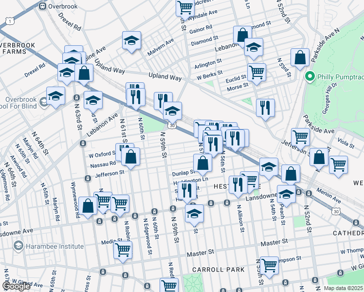 map of restaurants, bars, coffee shops, grocery stores, and more near 5752 West Oxford Street in Philadelphia