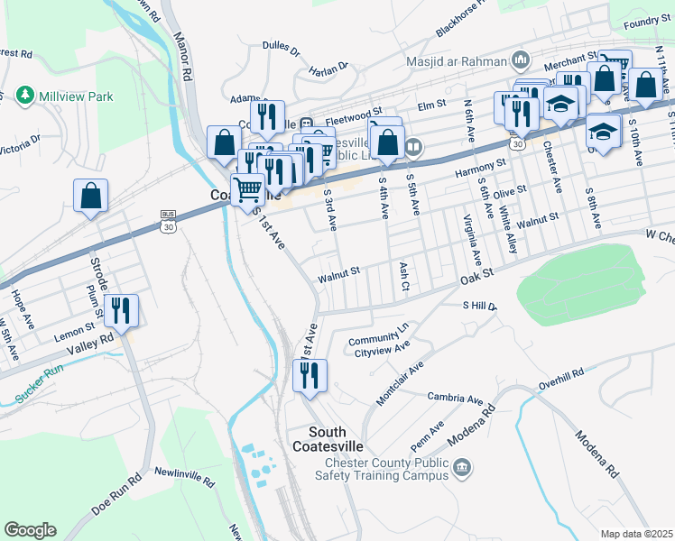 map of restaurants, bars, coffee shops, grocery stores, and more near 120 South 3rd Avenue in Coatesville