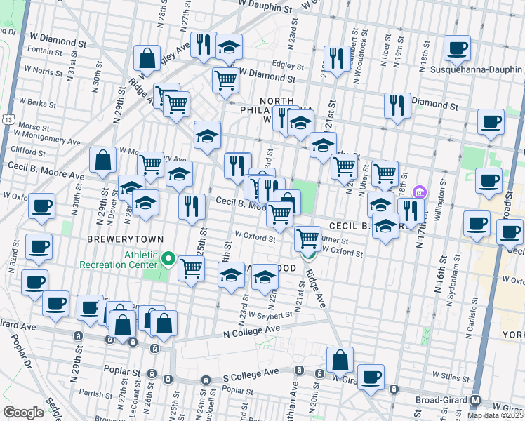 map of restaurants, bars, coffee shops, grocery stores, and more near 2301 Ridge Avenue in Philadelphia